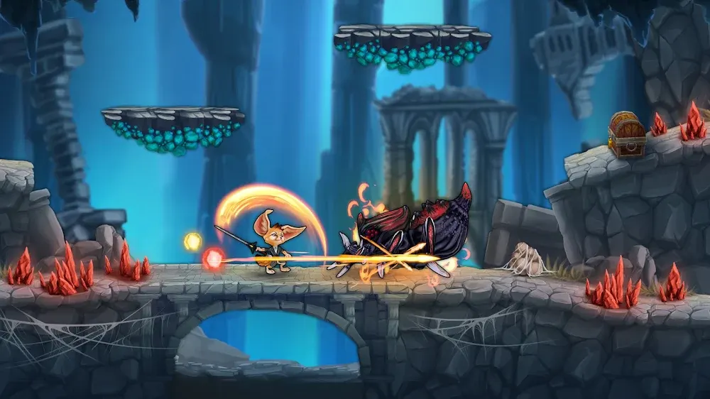 Personagem a saltar entre plataformas em Fin Ancient Mystery platformer